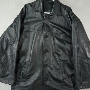 Vintage Black Leather Jacket Mens XL Button Front Lined Motorcycle Biker Coat